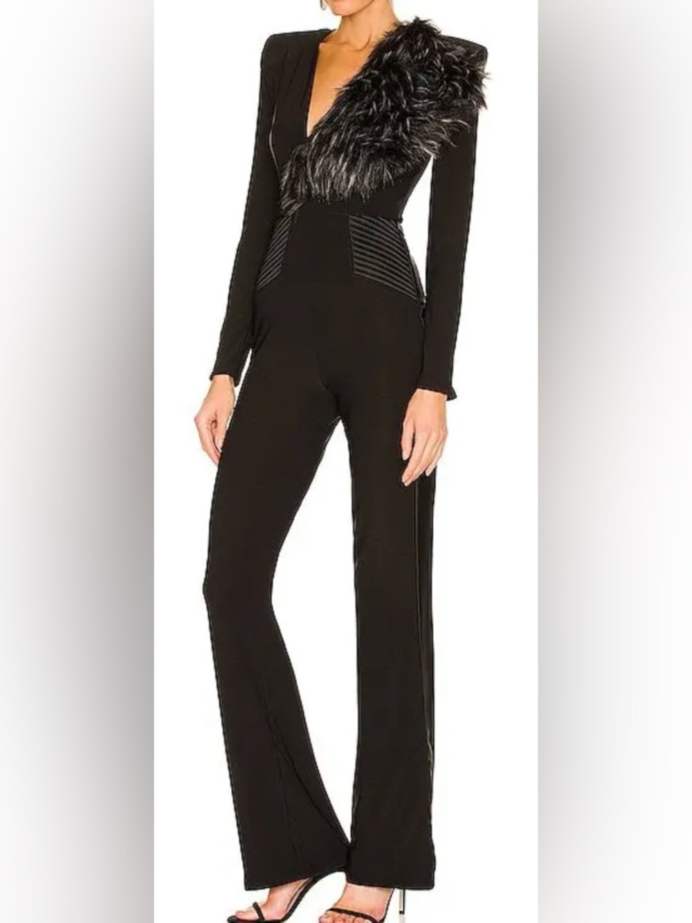 Zhivago Black Long-Sleeve V-Neck Jumpsuit with Faux Fur Shoulder